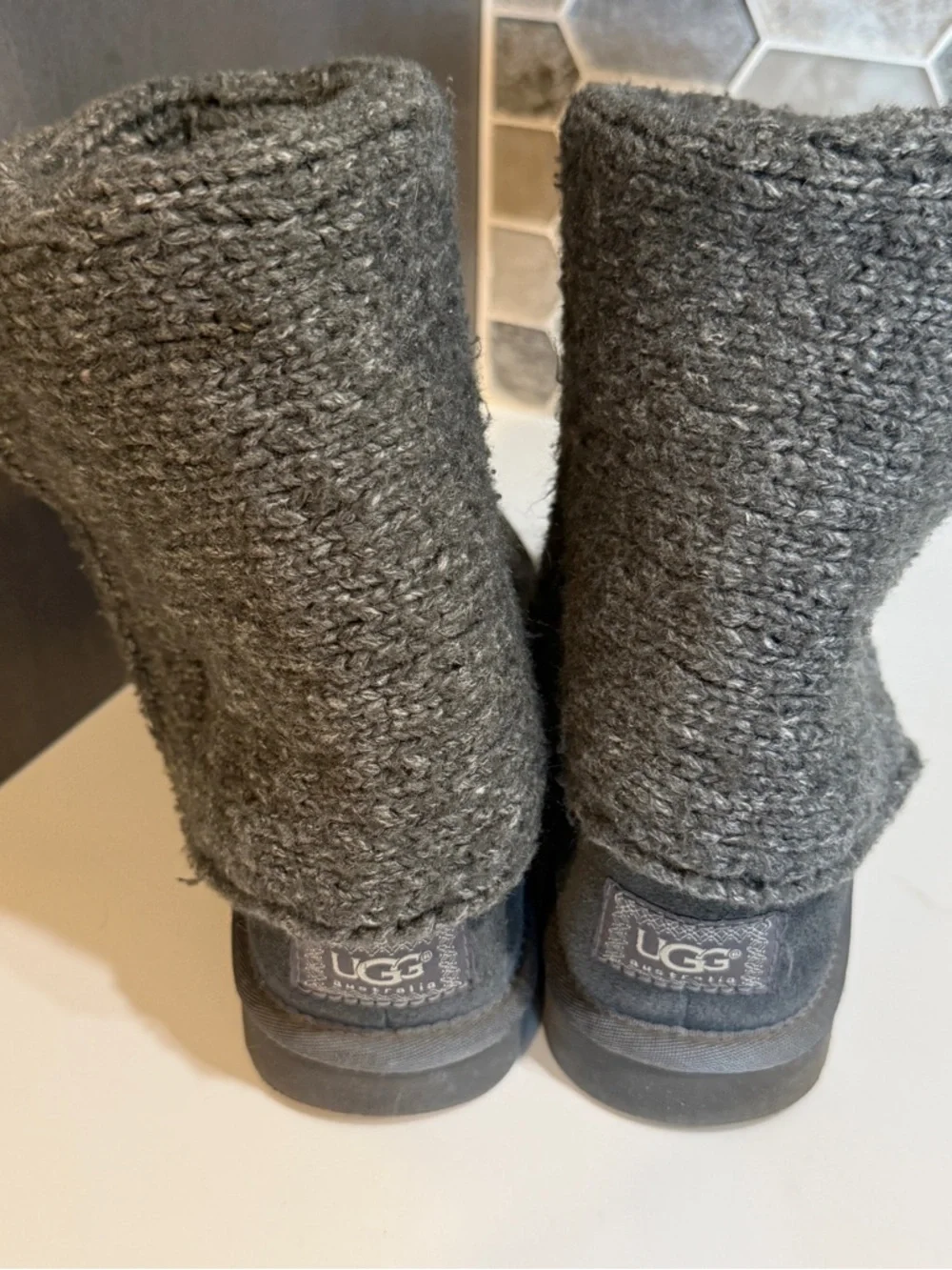 UGG Australia Women’s Grey Knit Mid-Calf High Ugg Boots, Sweater Cardigan Knit